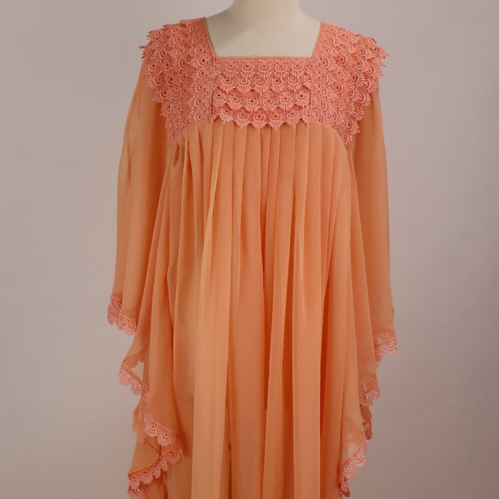 🌺 Vtg Apricot Peach Long Chiffon Lace Caftan Dress Nightgown Lounger Hostess L - Picture 3 of 8
